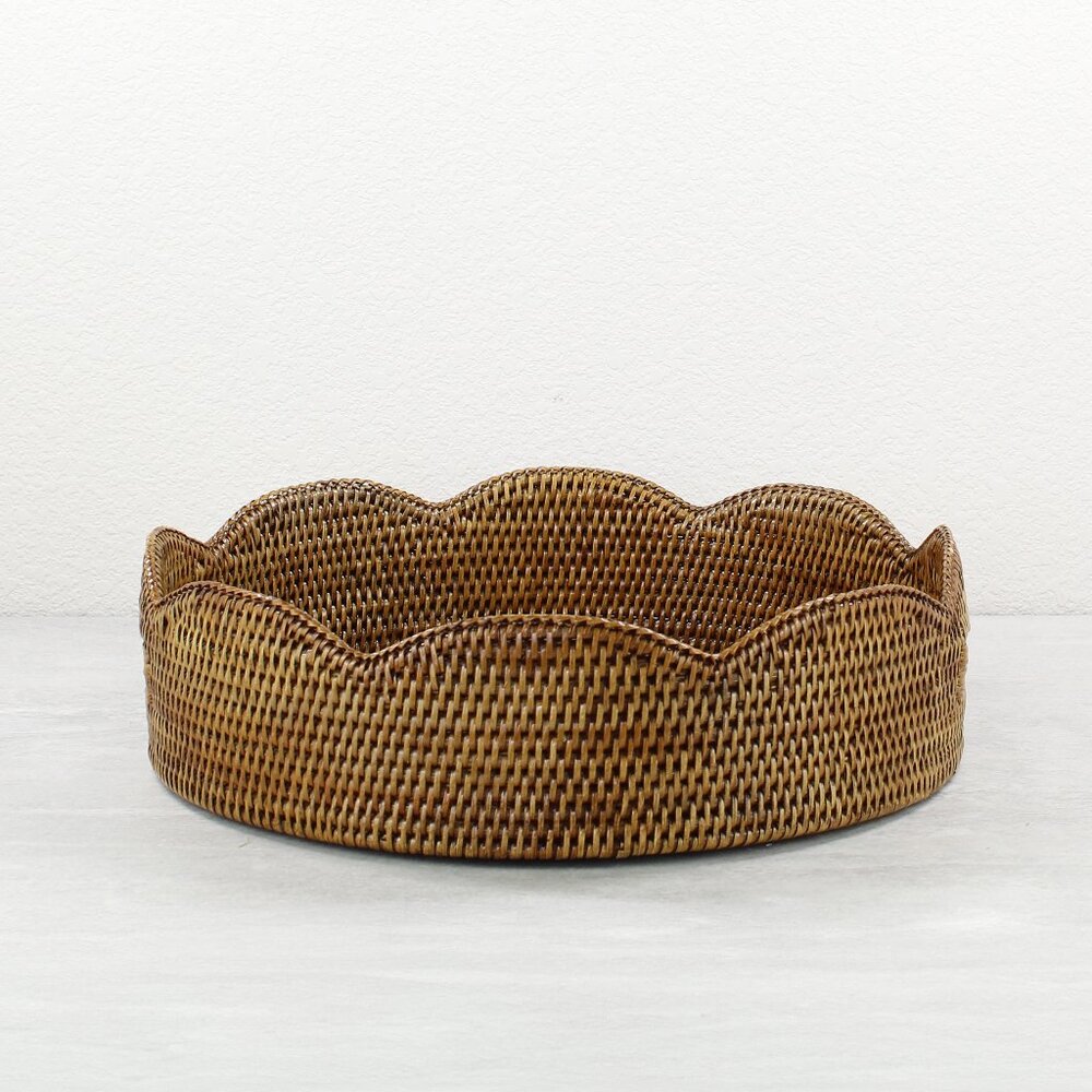 NEW Tight Woven Scalloped Round Rattan Tray - Honey Brown